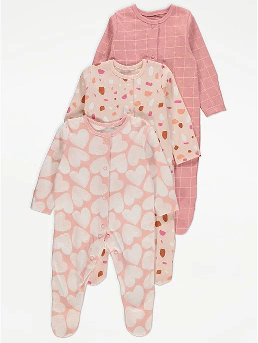 Pink Heart Design Sleepsuits 3 Pack